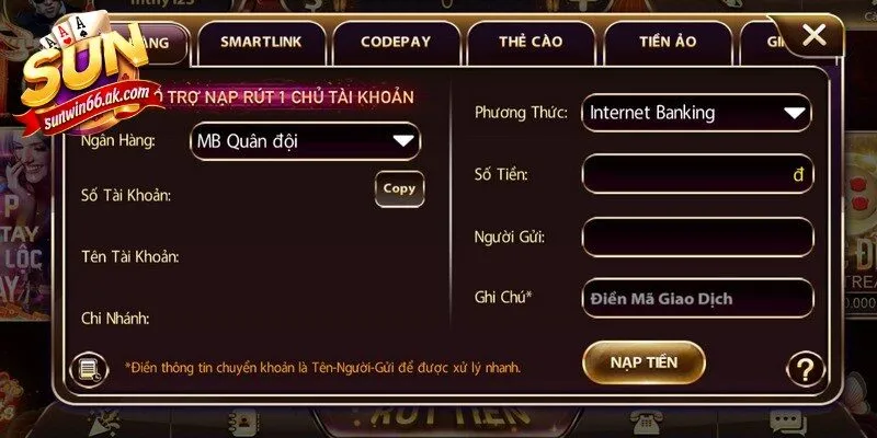 Nạp Tiền Sunwin Nhanh Chóng Để Tận Hưởng Trò Chơi 1 Sunwin Chuyển khoản ngân hàng phương thức đang được ưa chuộng